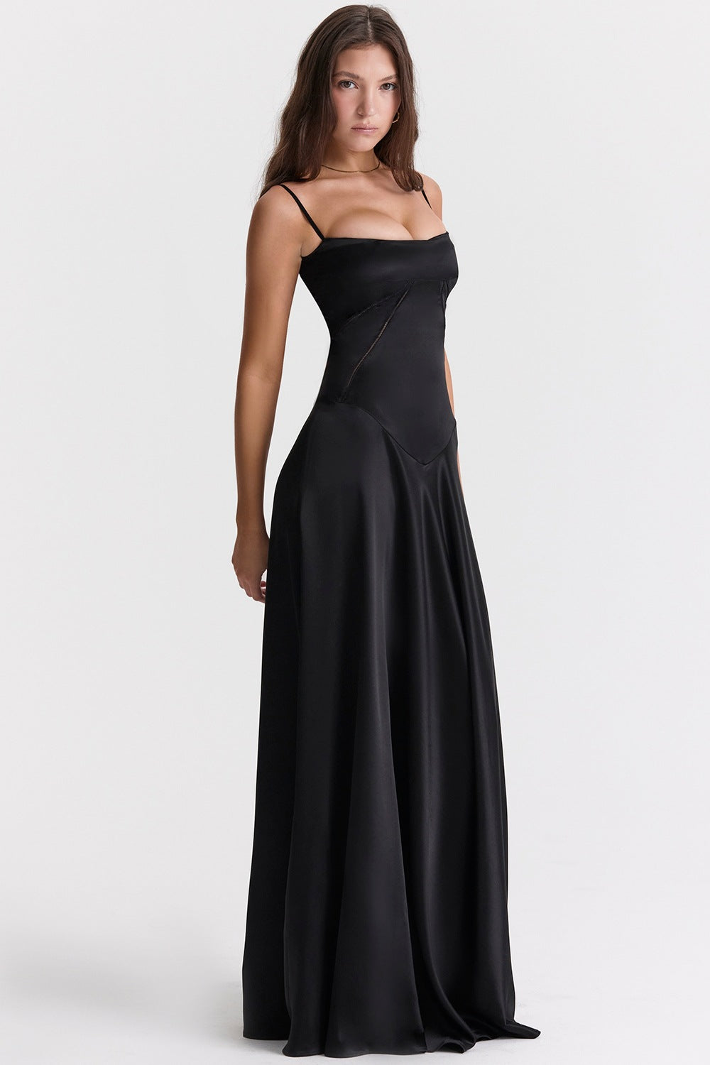 Women’s Evening Gown – Satin Full Length – A-Line Fit – Spaghetti Straps – Cut-Out Waist