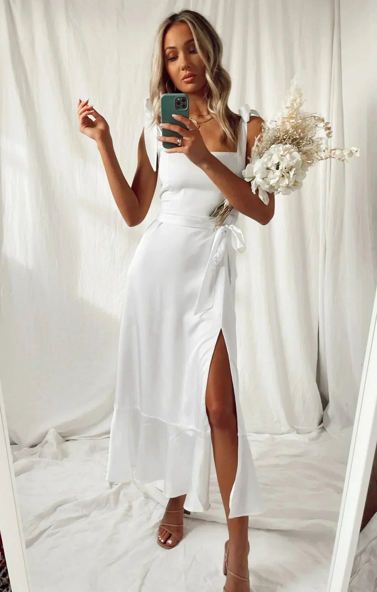 Women's Midi Dress - Square Neck - Sleeveless Bow Straps - Fitted Waist - Flared Hem