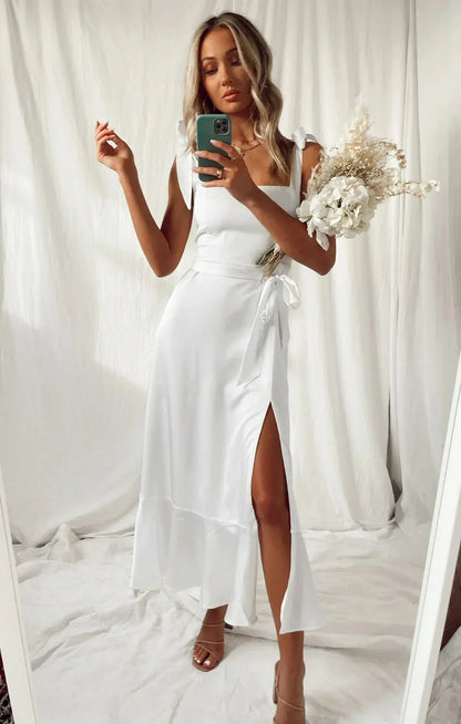 Women's Midi Dress - Square Neck - Sleeveless Bow Straps - Fitted Waist - Flared Hem