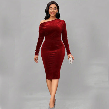 Women’s Midi Dress – Velour Fabric – Fitted Silhouette – Asymmetrical Neckline – Long Sleeve