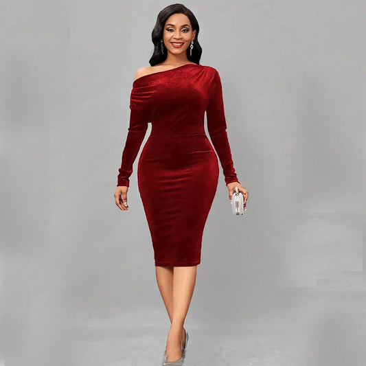 Women’s Midi Dress – Velour Fabric – Fitted Silhouette – Asymmetrical Neckline – Long Sleeve
