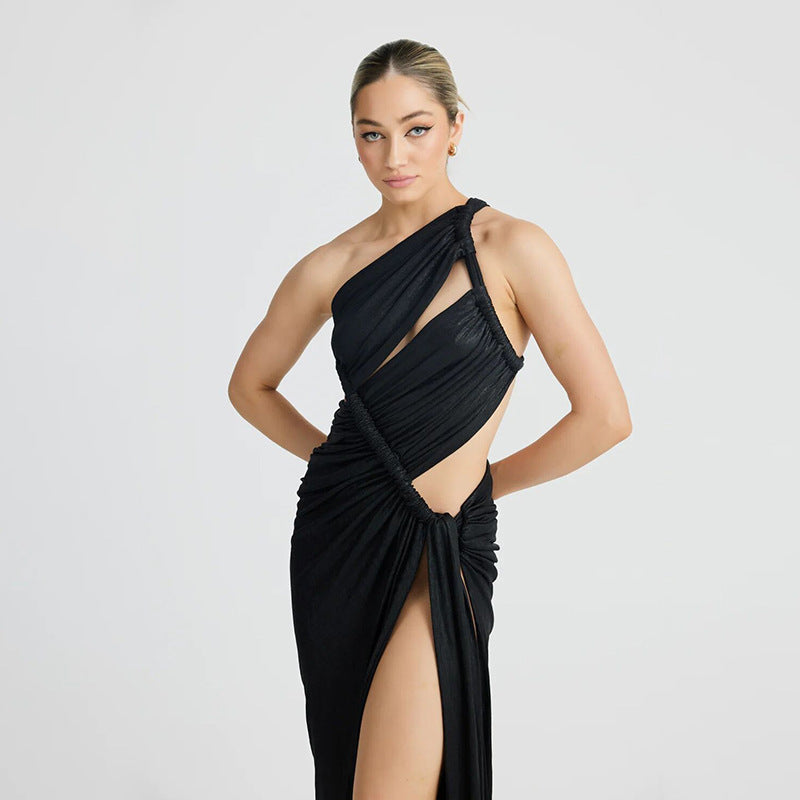 Women’s Evening Gown – Bodycon Fit – One Shoulder – Satin Look – High Slit – Cut-Out Draped