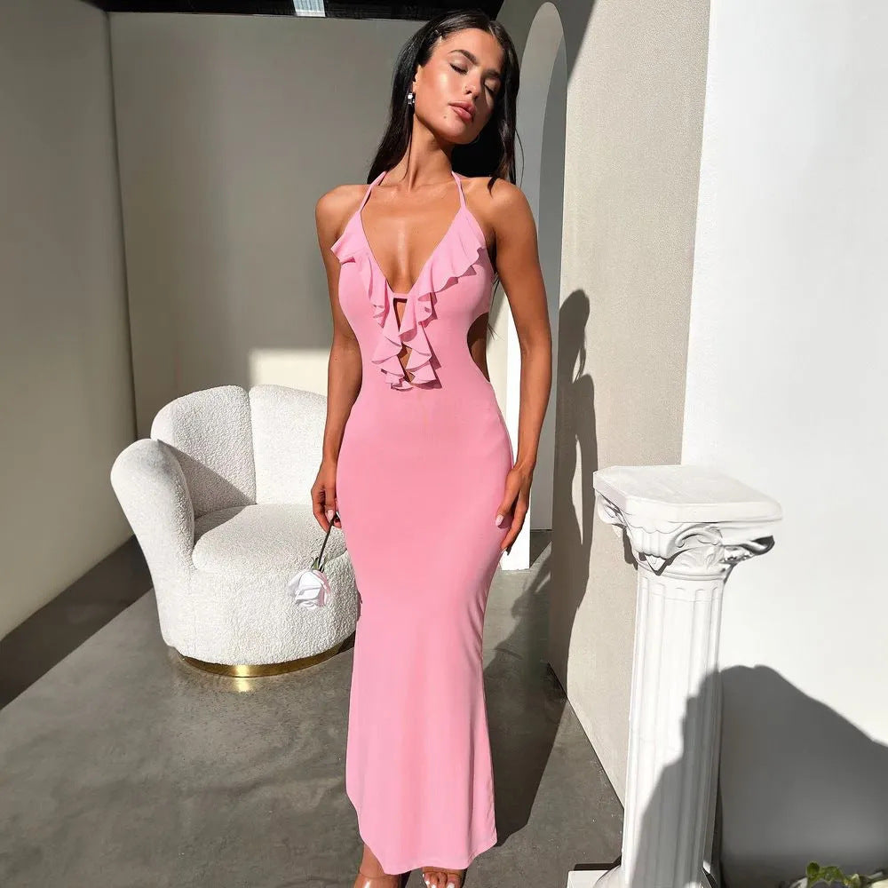 Women’s Maxi Dress – Slim Fit – Ruffle Neckline – Front Cut-Out – Adjustable Straps