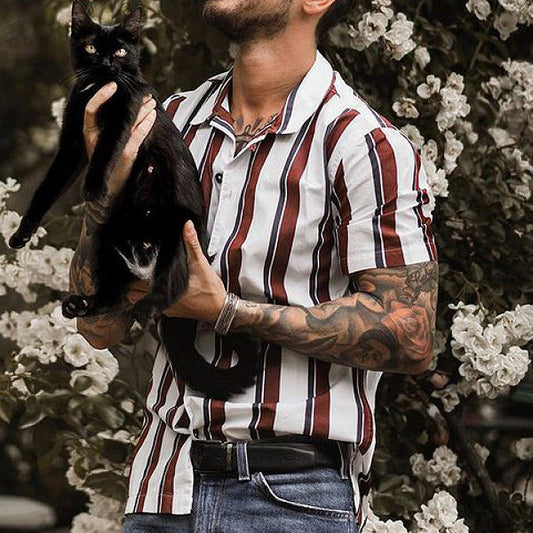 Men’s Short Sleeve Cardigan – Slim Fit – Vertical Stripes – Lapel Collar – Soft Knit