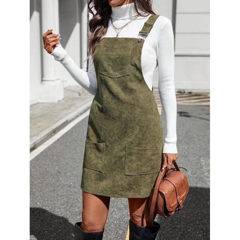 Women’s Pinafore Dress – Slim Fit Corduroy – Buckle Straps – Mini Length Pockets