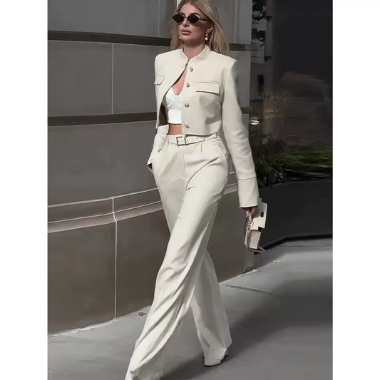 Women’s Suit Set – Cropped Tailored Jacket – High-Waisted – Wide-Leg Trousers – Belted