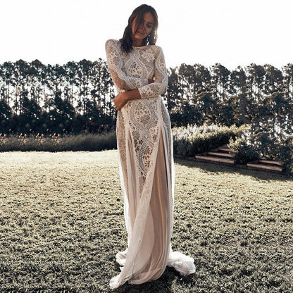 Women's Maxi Dress - Lace - Elegant Slim Fit - Round Neck - Three-Quarter Sleeve