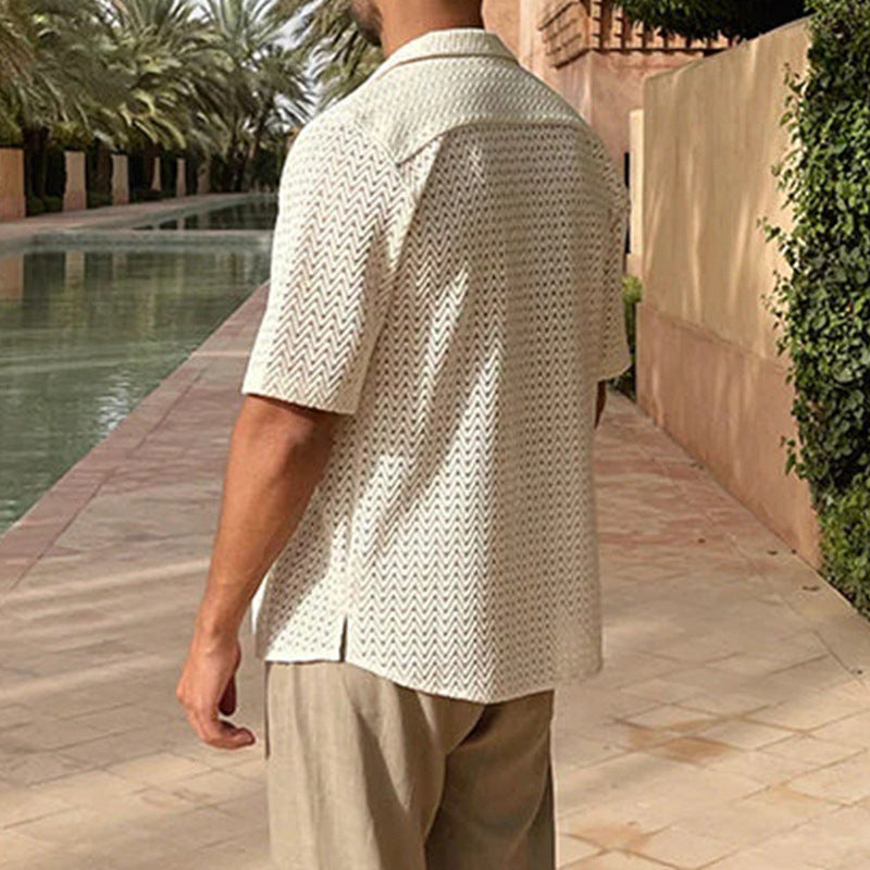 Men’s Knitted Cardigan – Slim Fit – Short Sleeve – Openwork Cotton Blend – Button Front