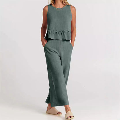 Women’s Two-Piece Set – Relaxed Fit – Sleeveless – Round Neck – Lightweight Cotton Blend