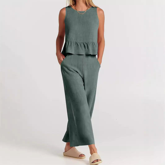 Women’s Two-Piece Set – Relaxed Fit – Sleeveless – Round Neck – Lightweight Cotton Blend