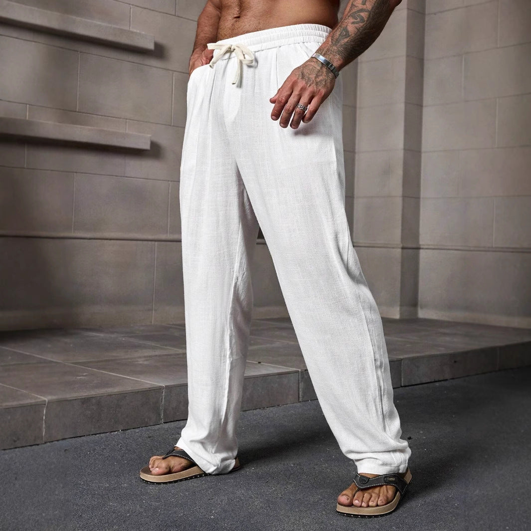Men’s Casual Pants – Cotton Linen Blend – Loose Fit – Full Length – Elastic Waistband