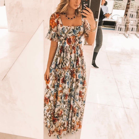 Women’s Maxi Dress – Smocked Bodice – Flutter Sleeve – Tiered Skirt – Breathable Blend
