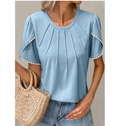 Women’s T-Shirt – Relaxed Fit – Soft Knit – Ruffled Sleeves – Pleated Front