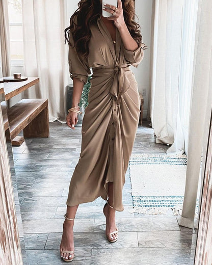 Women’s Maxi Dress – V-Neck – Button-Down – Tie Waist – Long Sleeve – Cotton