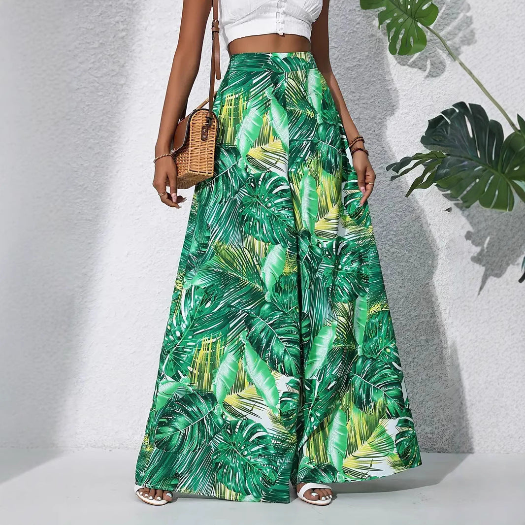 Women’s Wide-Leg Pants – High Waist – Lightweight Drape – Floral Print – Full Length