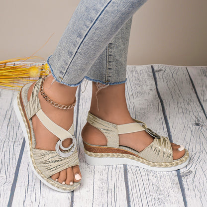 Women’s Wedge Sandals – Open Toe – Platform Heel – Striped Straps – Natural Fibers
