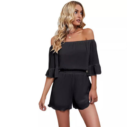 Women’s Jumpsuit – Chiffon Fabric – Off Shoulder – Bell Sleeves – Short Length
