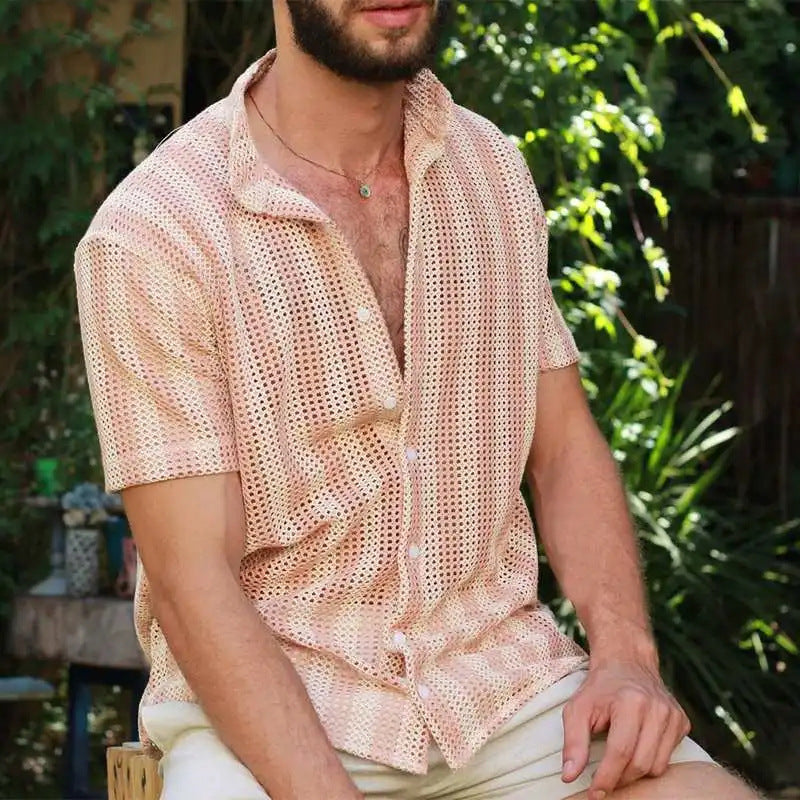 Men’s Mesh Shirt – Relaxed Fit – Short Sleeve – Button-Up – Breathable Grid Style