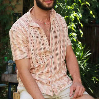 Men’s Mesh Shirt – Relaxed Fit – Short Sleeve – Button-Up – Breathable Grid Style