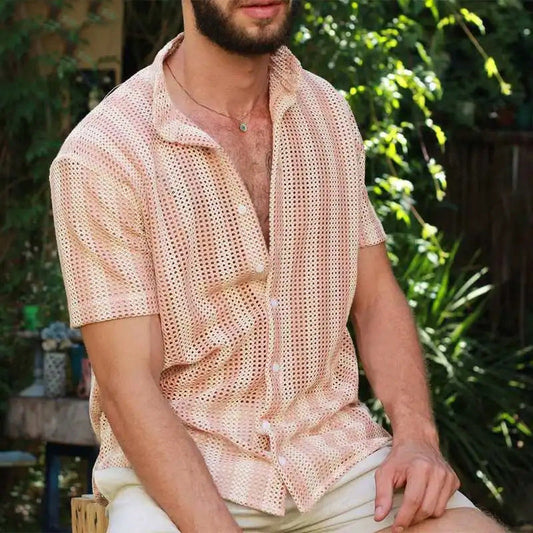 Men’s Mesh Shirt – Relaxed Fit – Short Sleeve – Button-Up – Breathable Grid Style