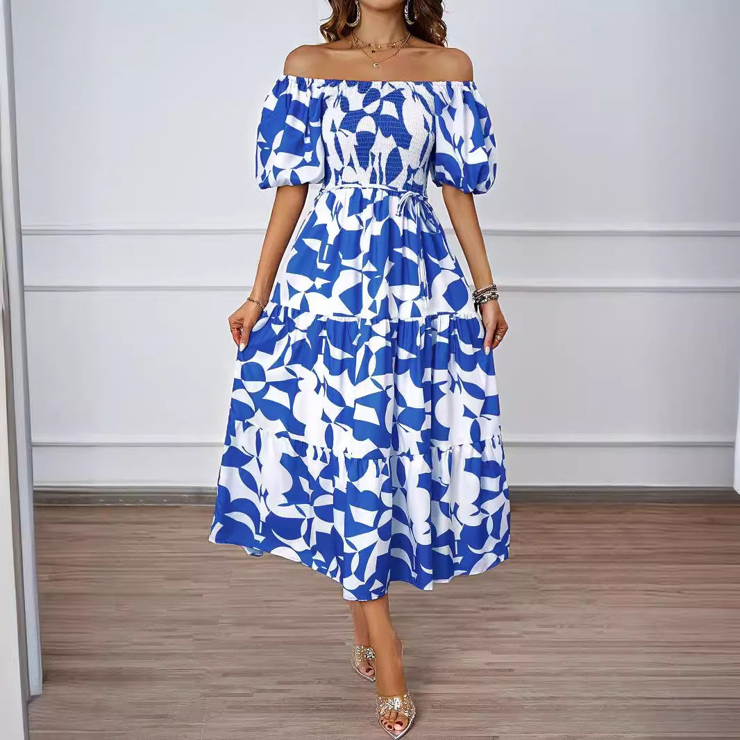 Women’s Midi Dress – Off-Shoulder – Puff Sleeve – Shirred Bodice – Tiered A-Line