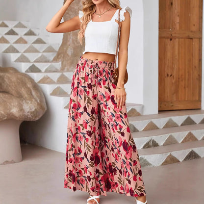 Women’s Wide-Leg Pants – Chiffon – High Waist – Floral Print – Drawstring Waist – Full Length