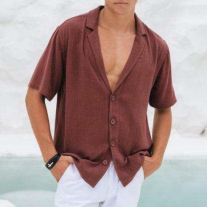 Men’s Casual Shirt – Relaxed Fit – Deep V-Neck – Notched Lapel – Breathable Blend