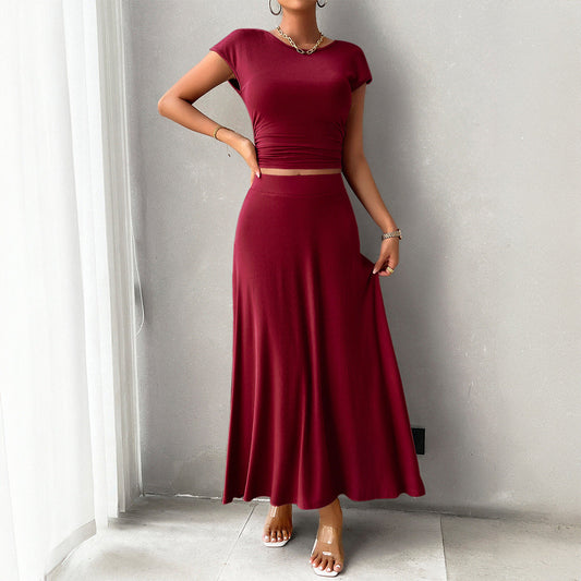 Women’s Crop Top and Skirt Set – Slim Fit Ruched Top – Full-Length Flowing Skirt