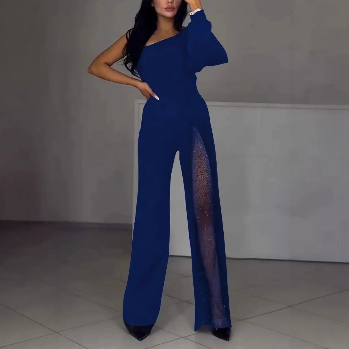 Women’s Jumpsuit – Slim Fit – Asymmetrical Neckline – Sequin Leg Panel – Full Length