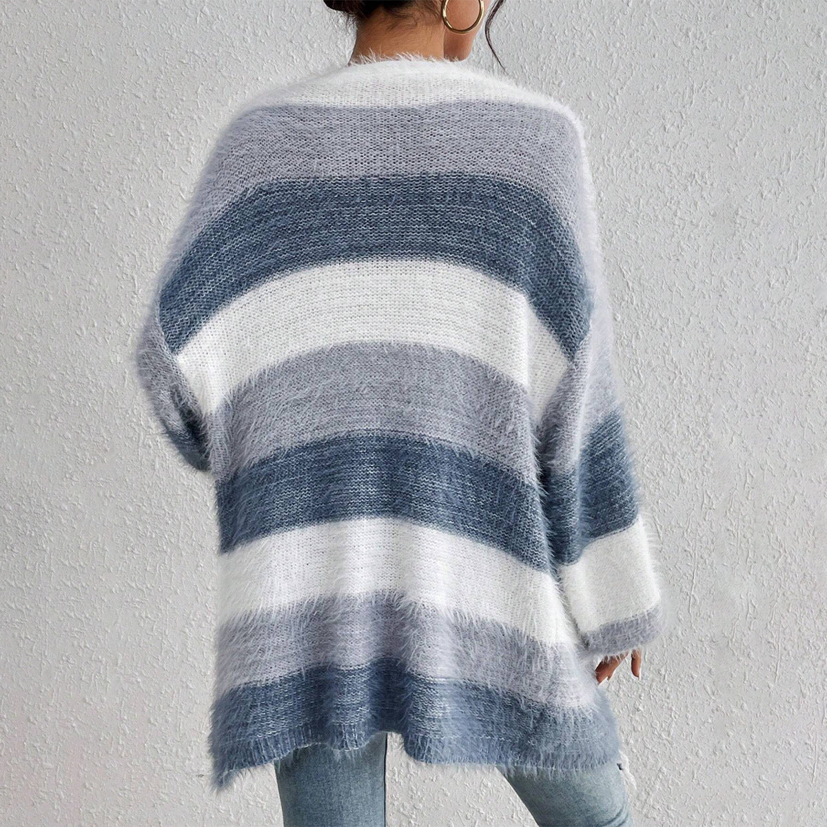 Women’s Knit Cardigan – Oversized Fit – Plush Texture – Open Front – Striped Long Sleeve