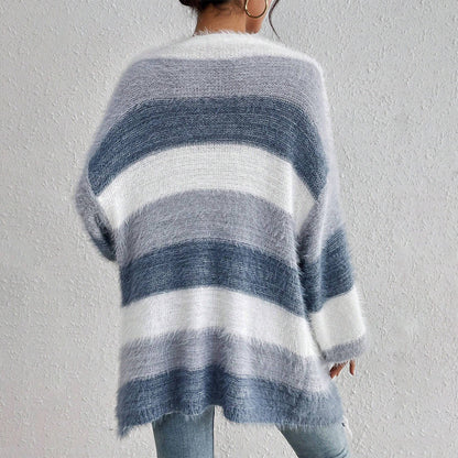 Women’s Knit Cardigan – Oversized Fit – Plush Texture – Open Front – Striped Long Sleeve