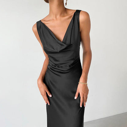 Women’s Evening Gown – Satin – Slim Fit – Draped Neck – Spaghetti Straps – Floor-Length