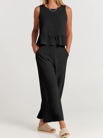 Women’s Two-Piece Set – Relaxed Fit – Sleeveless – Round Neck – Lightweight Cotton Blend