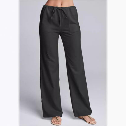 Women’s Wide Leg Pants – Cotton Linen Blend – Drawstring Waist – Full Length Relaxed Fit