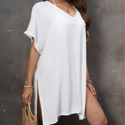 Women’s Beach Cover-Up – Breathable Blend – Loose Fit – V-Neck – Short Sleeve
