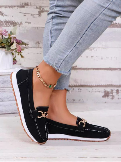 Women’s Loafers – Slip-On – Moc Toe – Suede Look – Platform Sole – Chain Accent