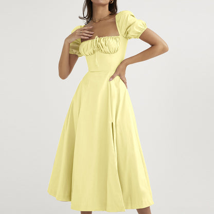 Women's Elegant A-Line Dress - Puff Sleeves - Square Neckline - Midi Length