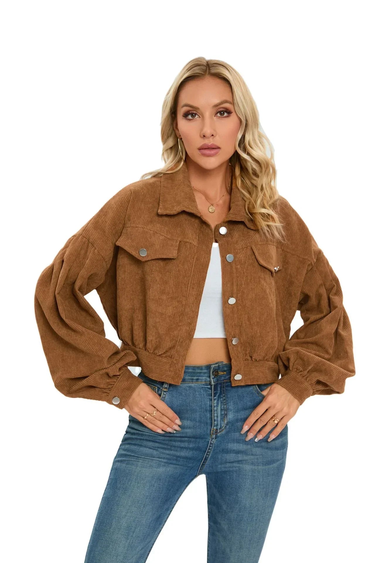 Women’s Cropped Jacket – Oversized Fit – Corduroy Texture – Balloon Sleeves – Chest Pockets