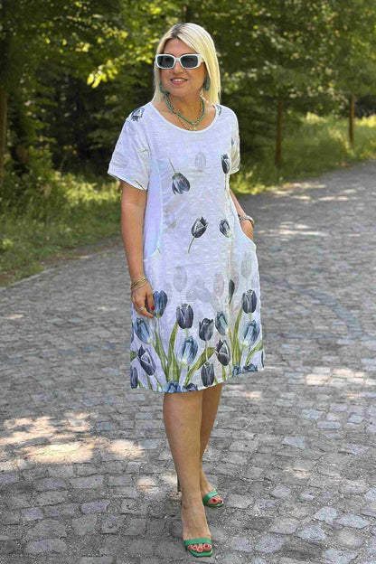 Women’s A-Line Dress – Floral Print – Short Sleeve Cotton – Midi Length – Side Pockets