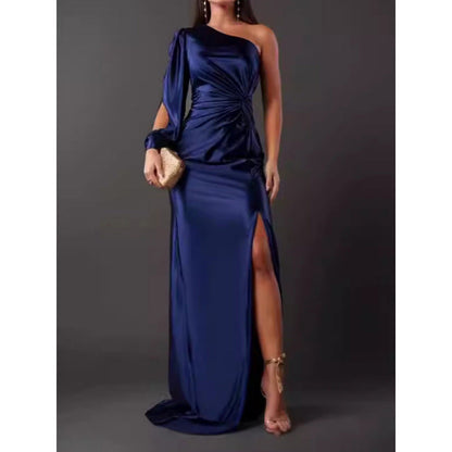Women’s Maxi Dress – Satin – One Shoulder – Slim Fit – Ruched Waist – High Slit – Long Sleeve