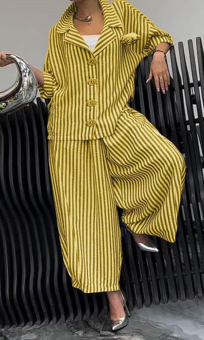 Women’s Two-Piece Set – Relaxed Fit – Cotton Blend – Striped – Notched Lapel – Button Front