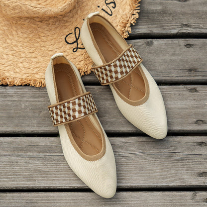 Women’s Loafers – Pointed Toe – Flat Sole – Breathable Knit – Woven Strap Detail