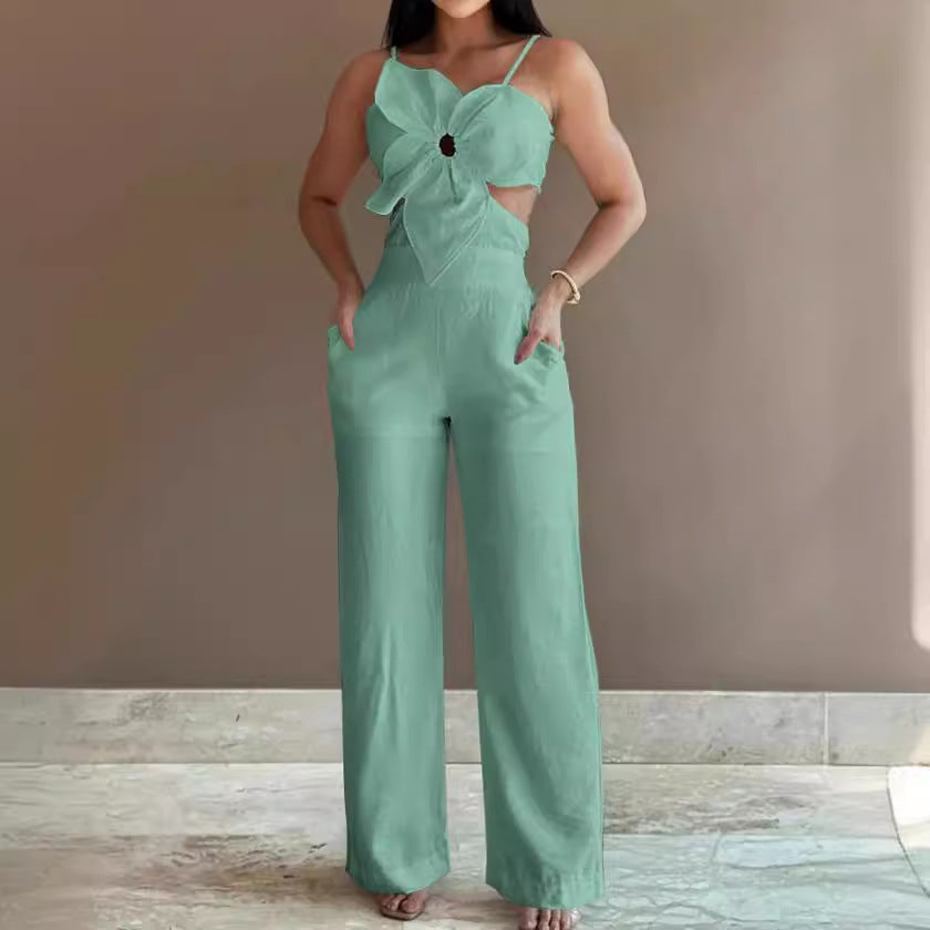 Women’s Jumpsuit – Wide Leg – Bow Front – Spaghetti Straps – Backless Cut-Out