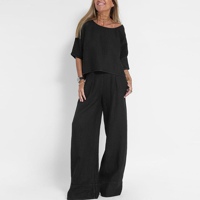 Women’s Two-Piece Set – Linen Blend – Relaxed Fit – Short Sleeve Top & Wide-Leg Pants