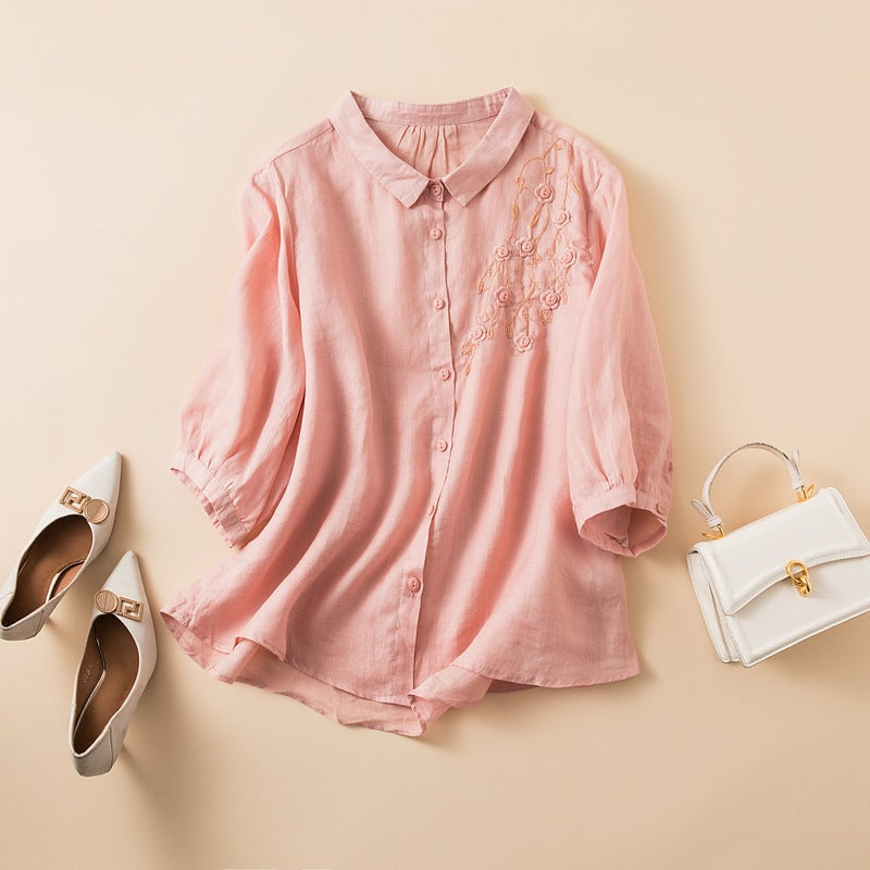 Women’s Button-Up Shirt – Relaxed Fit – Mid Sleeve – Cotton – Embroidered Detail
