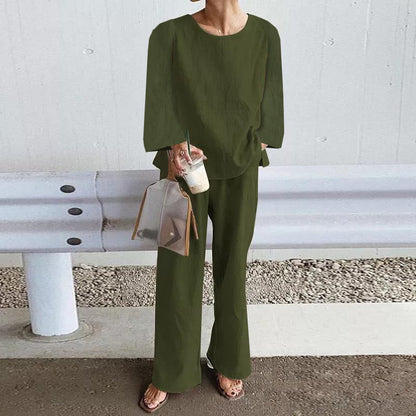 Women’s Two-Piece Set – Linen Fabric – Relaxed Fit – Long Sleeve Top – Wide Leg Pants