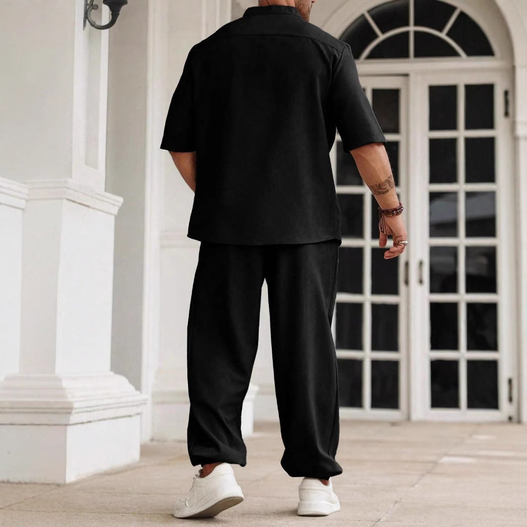 Men's Casual Set – Cotton Linen Blend – Relaxed Fit – Short Sleeve Shirt & Pants