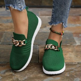 Women’s Loafers – Soft Knit Slip-On – Chain Detail – Round Toe – Casual Fit