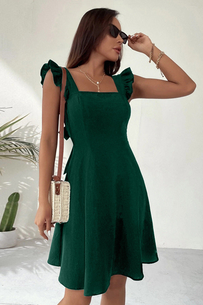 Women’s Mini Dress – Fit and Flare – Ruffled Straps – Square Neck – Soft Lightweight Fabric