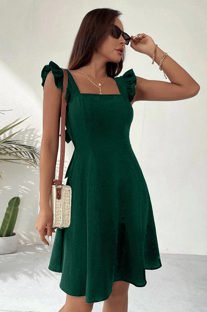 Women’s Mini Dress – Fit and Flare – Ruffled Straps – Square Neck – Soft Lightweight Fabric